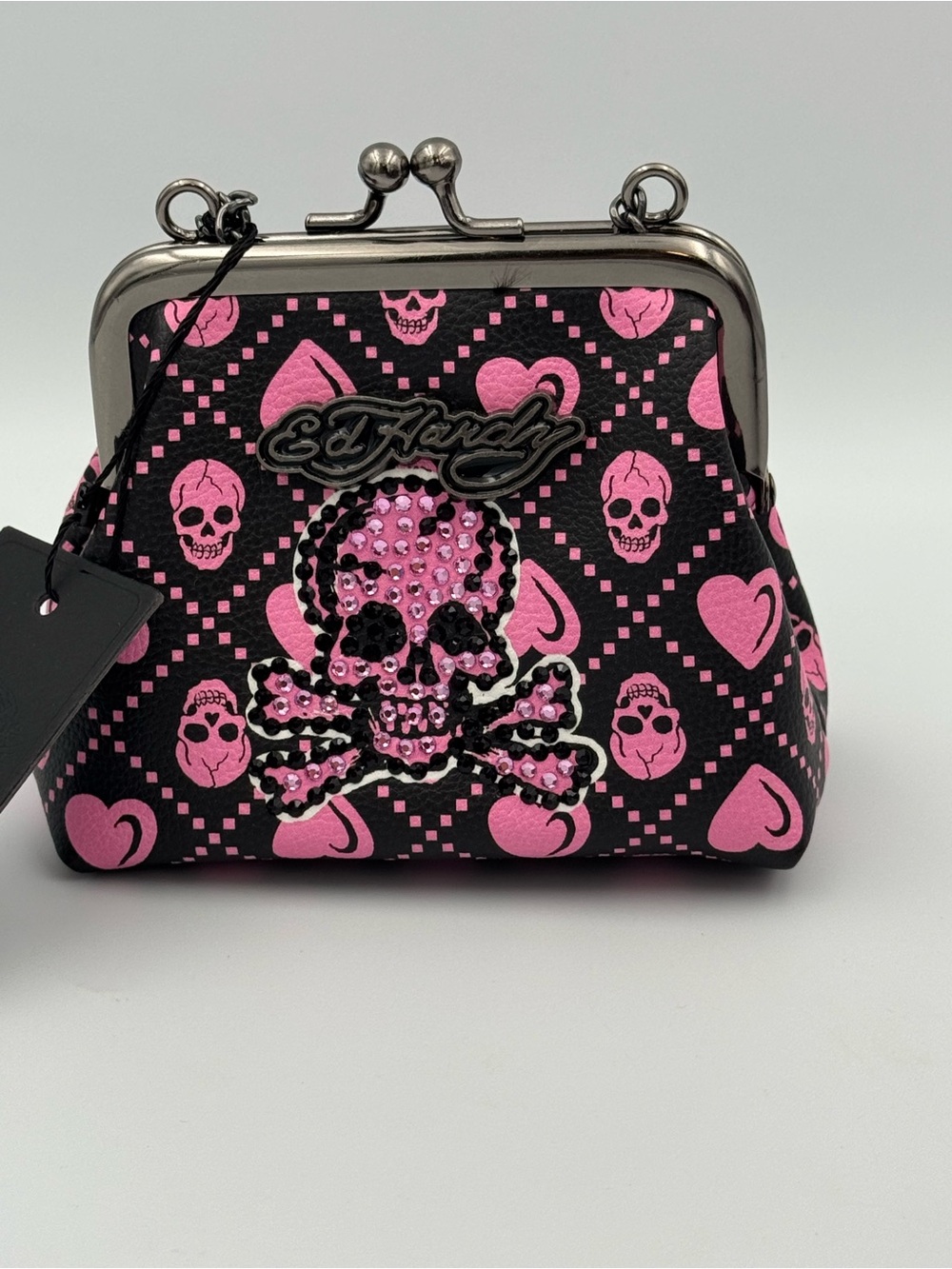 Ed Hardy Mini Kiss Lock Purse Pink Skull Rhinestone Coin Purse NWT Y2K Baddie - Picture 2 of 5